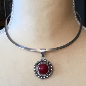 Sterling silver & Coral Pendant & choker necklace